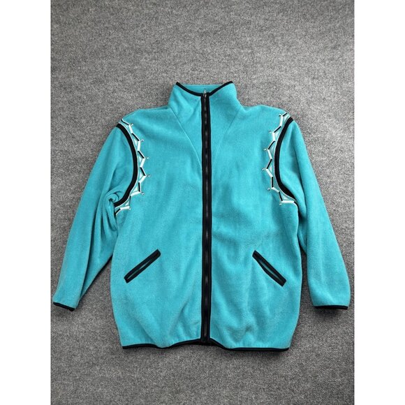 Bob Mackie Jackets & Blazers - Bob Mackie Wearables Jacket Womens L Teal Fleece Full Zip Embroidered Southwest